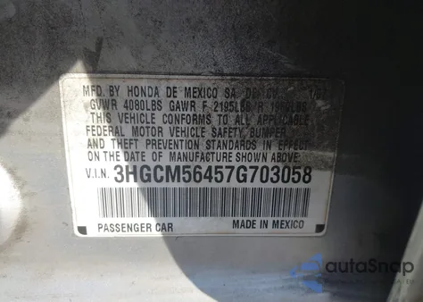 2007 Honda Accord 2.4 Lx из США, поврежденный, VIN 3HGCM56457G703058